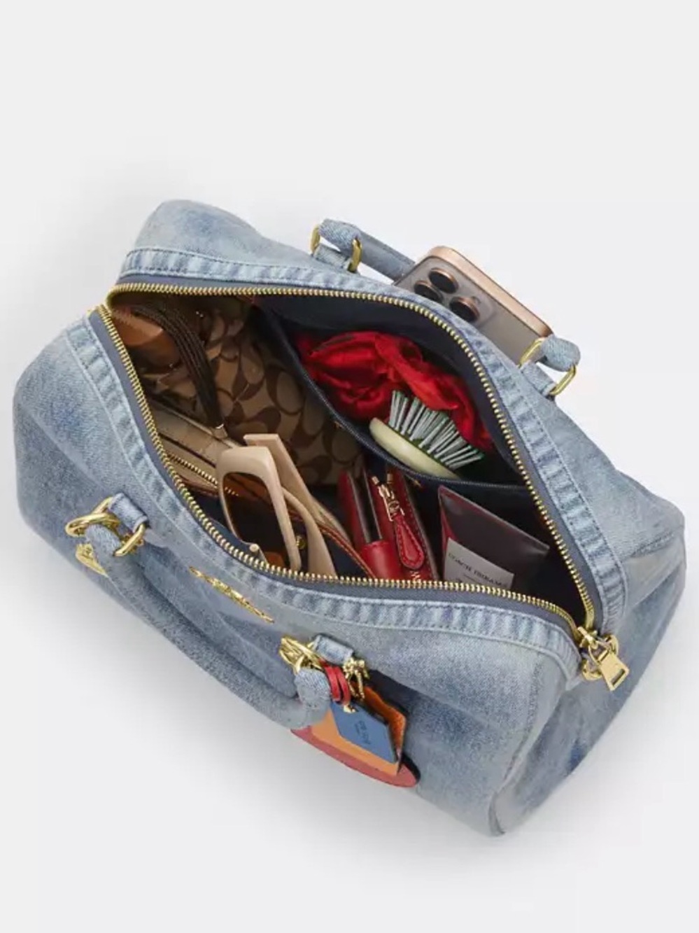 Coach Rowan Large Denim Satchel with Red Heart Charm - Picture 2 of 7
